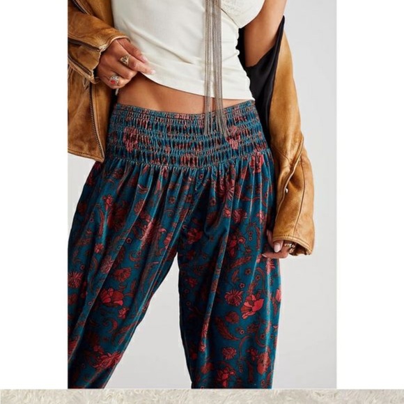 Free people Marla harem velvet Bohemian Pants EUC gorgeous peacock blue M - Picture 2 of 5